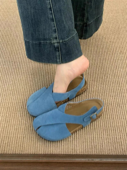Summer Flats Sandals Platform Shoes Suede Designer Buckle Slippers Brand New Walking Slingback Sandalias Mujer