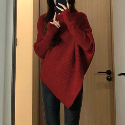 Winter Turtlenecks Korean Irregular Knitted Sweater Female Warm Color Pullovers Lady Loose Long Sleeve Jumper Fc8510