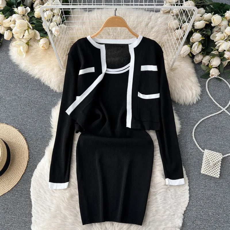 Autumn/winter Small Fragrant Wind Contrast Knitted Cardigan+suspended Tank Top Knitted Dress Ins