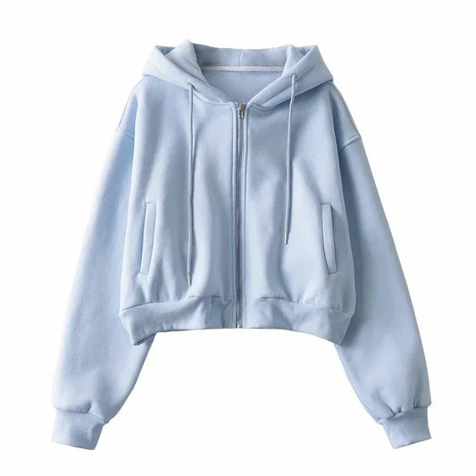 Autumn Spring Zip Up Hoodies Pockets Slim Crop Top Jacket Female Clothes Drawstring White Hoody Cotton Coats