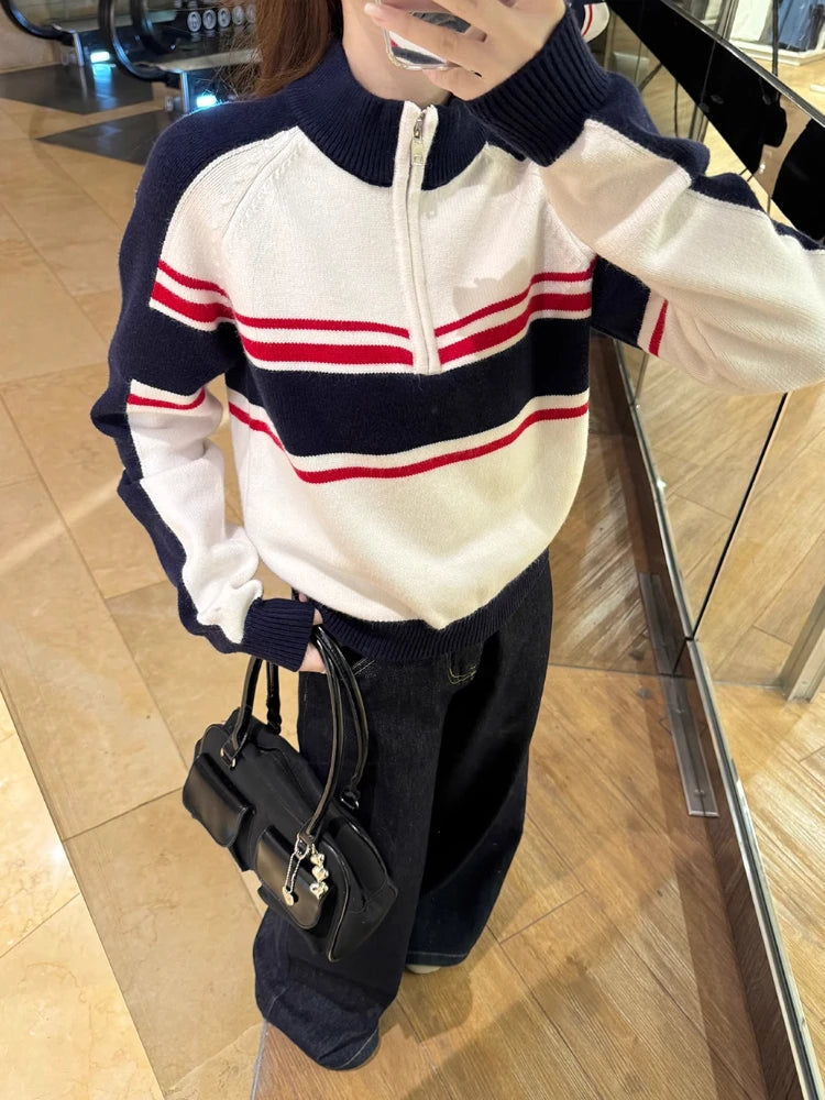 American Retro Striped Sweater Half Zipper Knitwear Pullovers Oversized Raglan Sleeve Winter Clothes