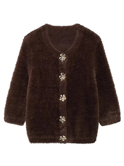Faux Fur Half Sleeve Cardigans Single Breasted O-neck Loose Wine Red Sweater Female Furry Autumn Tops