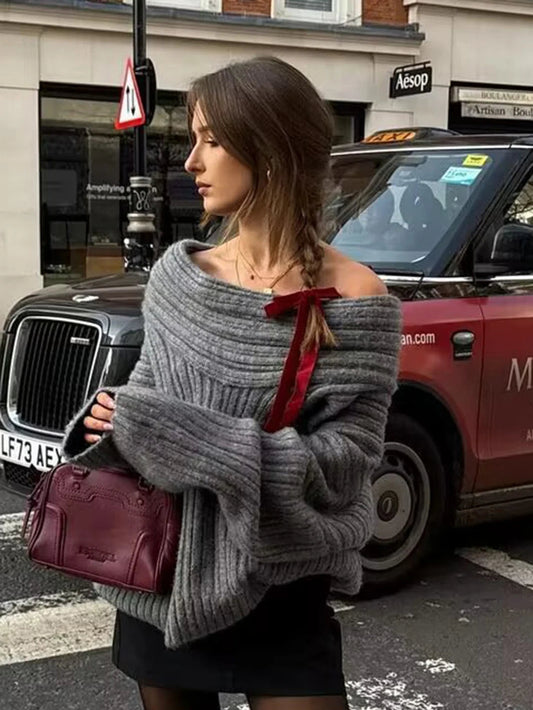 Off Shoulder Wrap Sweaters Autumn Slash Neck Long Sleeve Pullover Female New Loose Irregular Jumpers