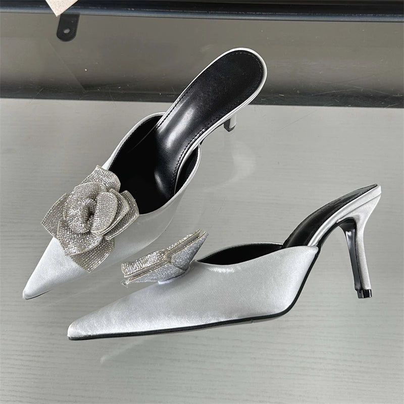 Designer Crystal Flower Silk Pointed Toe Slippers Thin Heels Party Dress Mule Shoes