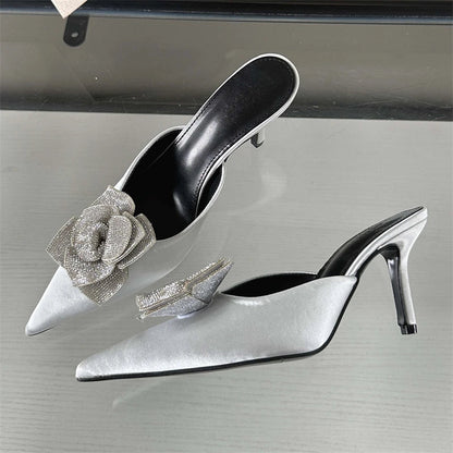 Designer Crystal Flower Silk Pointed Toe Slippers Thin Heels Party Dress Mule Shoes