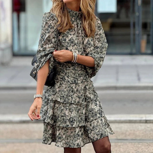 Turtleneck Long Sleeve Layered Cake Dress Temperament High Waist Party Dress New Spring Print Chiffon Mini Dress