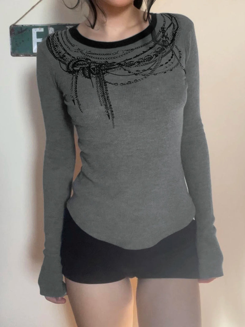 Chain Print O-neck Long Sleeve Blouses Gothic Punk Autumn Basic Top Tees