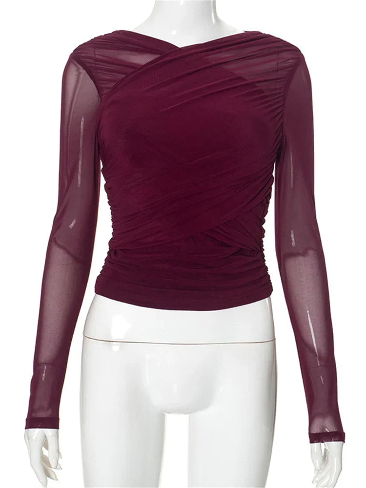 Mesh Patchwork V-neck T-shirt Top Female Long Sleeve Cropped Y2k Tee Pullover Inner ’s Top Autumn