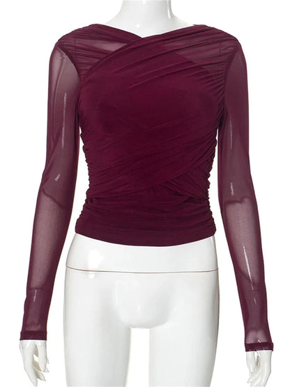 Mesh Patchwork V-neck T-shirt Top Female Long Sleeve Cropped Y2k Tee Pullover Inner ’s Top Autumn