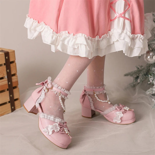 Kawaii Ankle Strap Lolita Pumps Round Toe Platform Thick Mid Heel Buckle Bow Bead Cosplay Lady Shoes Spring Autumn