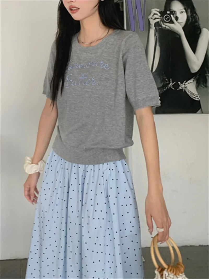 Sweet Long Skirts Polka Dots Loose Summer High Waist Knitted Sweaters Tees Gentle New Slim