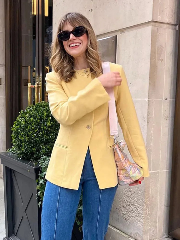 Office Coats O Neck Long Sleeve Pockets Single Breasted Female Jackets Autumn Lady Tops