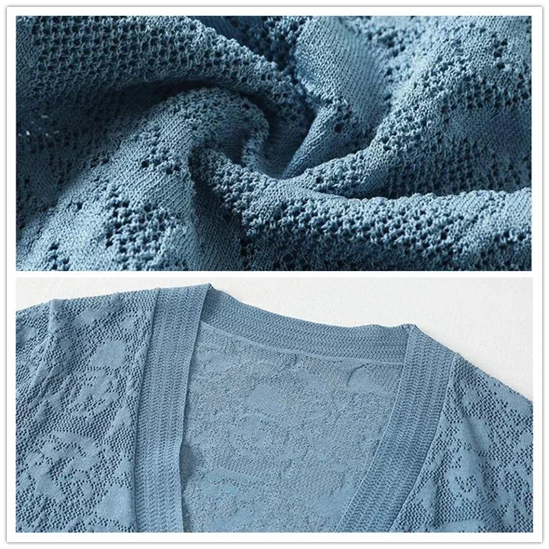 Summer Oversized Knit Cardigan Jackets Half Sleeve Lace Knitwears Coats Korean Hollow Out Sunscreen Tops