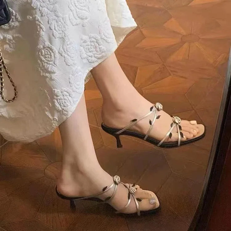 Flower Heavy Industry Slippers Open Square Toe Sandals French Style Low Stiletto High Heels Shoes
