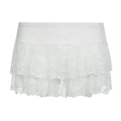 White Lace Hook Flower Ultra Short Mini Skirt for Summer Sweet Girl Anti Glare Low Waist Slimming Aline Short White Skirt