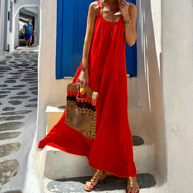 Color Spaghetti Strap Dresses Loose Backless Beach Vacation Long Dress Female Vestidos