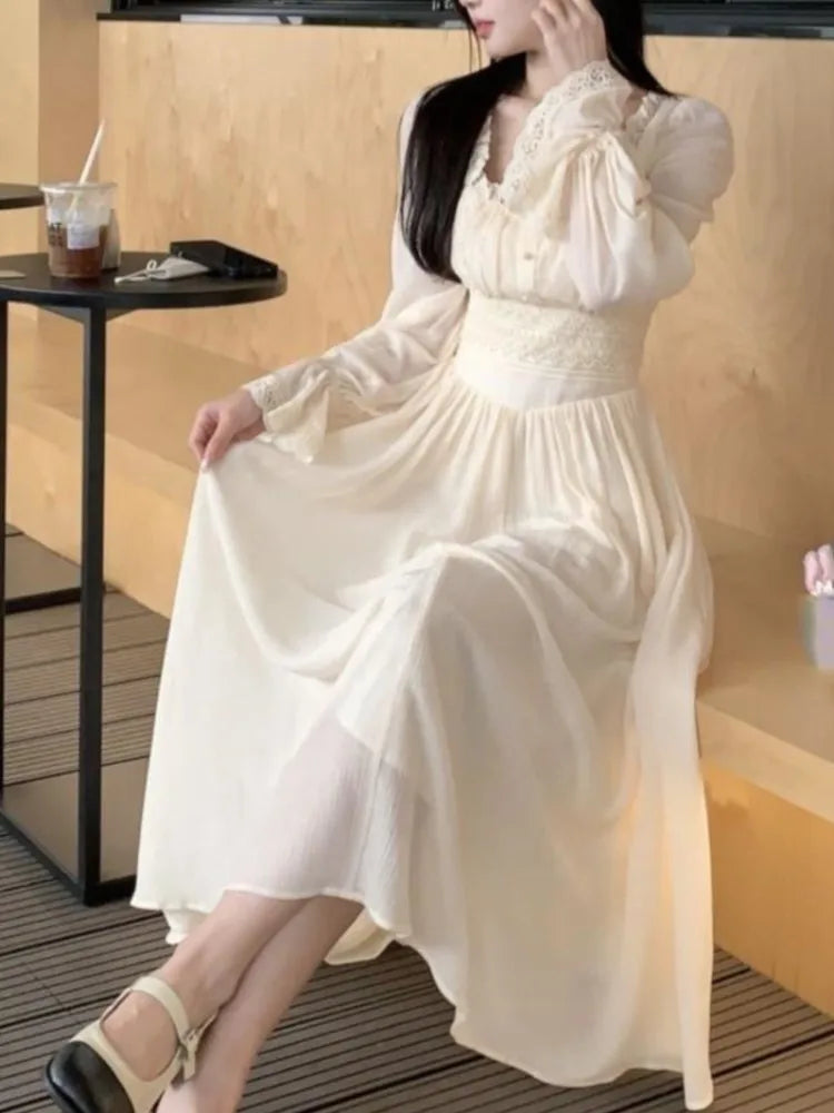 French Princess Midi Dresses Summer Korean Lace Spliced Long Sleeve Vestidos New Evening Clothes
