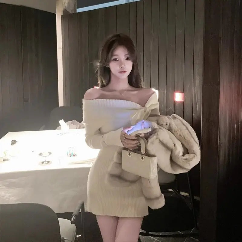 Knitted Dresses Slash Neck Bow Slim Stretch Off Shoulder Winter Spring Party Sweater Dress Sweet