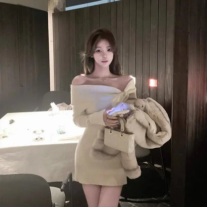 Knitted Dresses Slash Neck Bow Slim Stretch Off Shoulder Winter Spring Party Sweater Dress Sweet