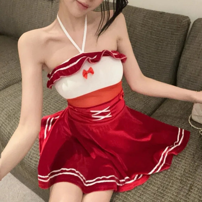 Mini Dresses Bow Bandage Slim Ruffles Sleeveless Halter Backless Clubwear Sweet Party