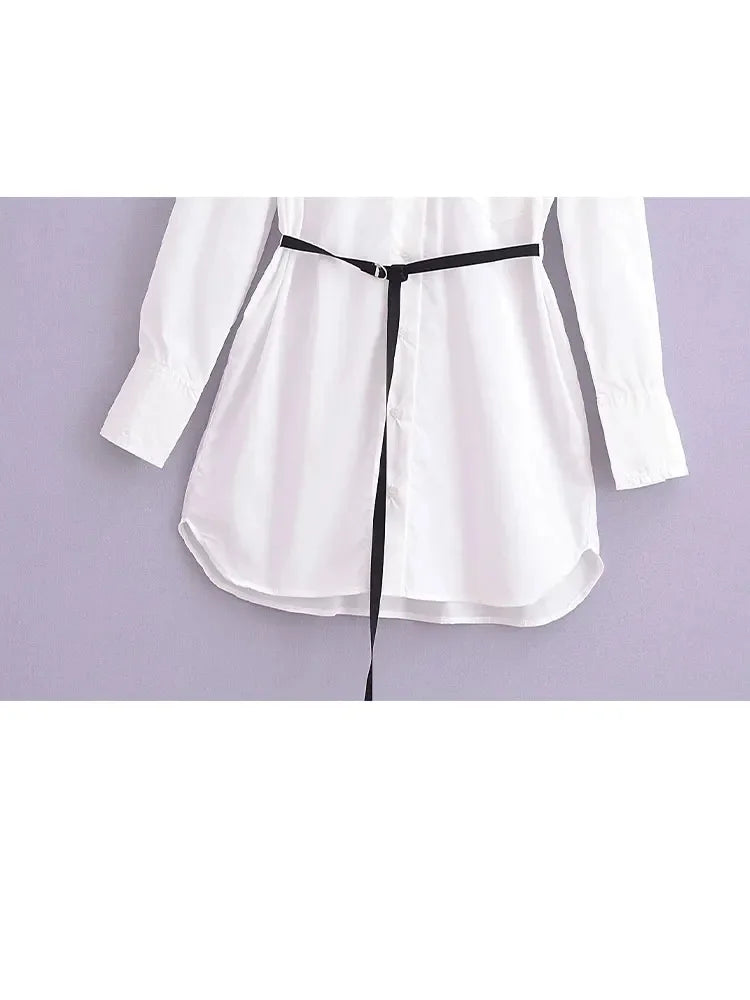 Spring Loose Blouses With Belt White Long Sleeves Shirt Top Buttons Female Lapel Shirt