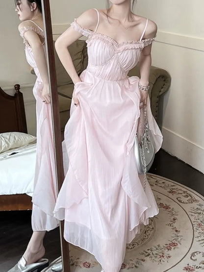 Summer Sweet Pink Fairy Chiffon Midi Dress Korean Onepiece Aline Vestidos Female Clothing Mujers