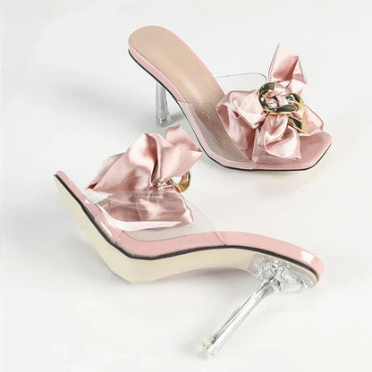 Summer Pink Bowknot Slippers Clear High Heels Mules Heels Female Transparent Pvc Slide Sandals Party Banquet Shoes