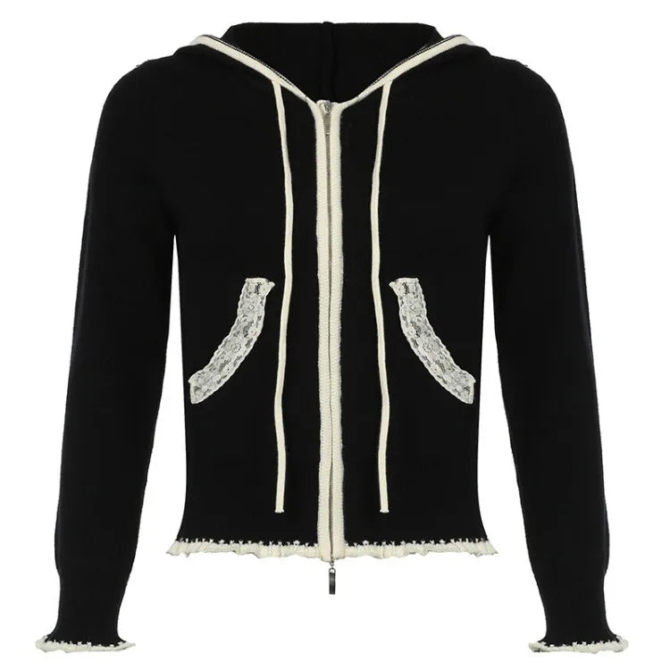 High Street Lace Patchwork Hooded Sweatshirt Y2k Long Sleeve Double Zipper Jackets Spring Autumn New Cardigan Coat