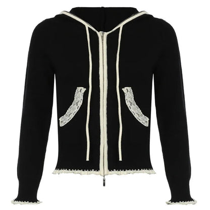 High Street Lace Patchwork Hooded Sweatshirt Y2k Long Sleeve Double Zipper Jackets Spring Autumn New Cardigan Coat