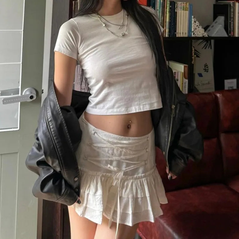 Spring and Summer Korean Retro High Street Low Waist Laceup Mini Cake Skirt Skirt