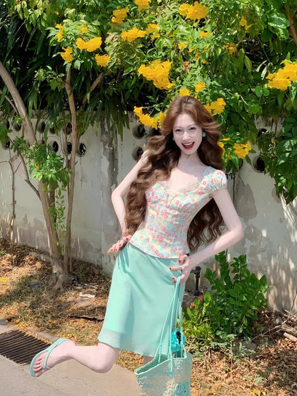 Suit Summer Lace Shortsleeved Tshirt High Waist Kneelength Skirt Twopiece Set Female Clothes