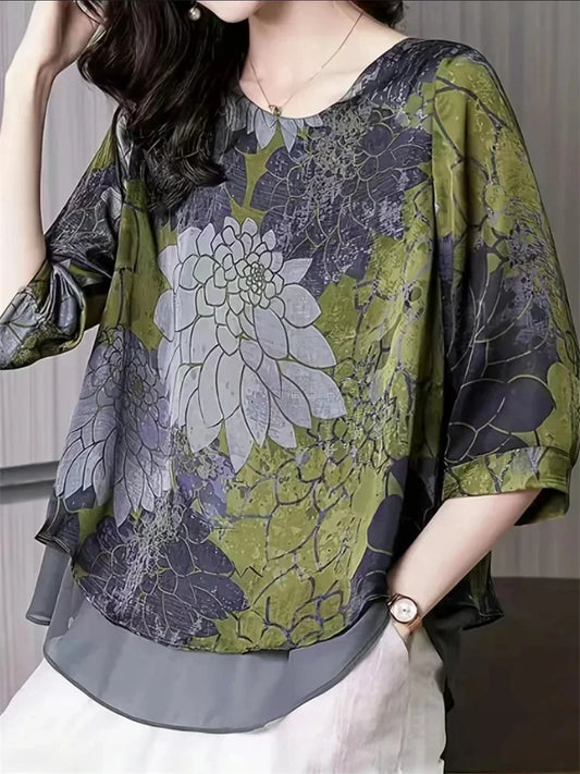 Summer Style Blouses Shirts Lady Half Sleeve O-neck Chiffon Blouse Tops