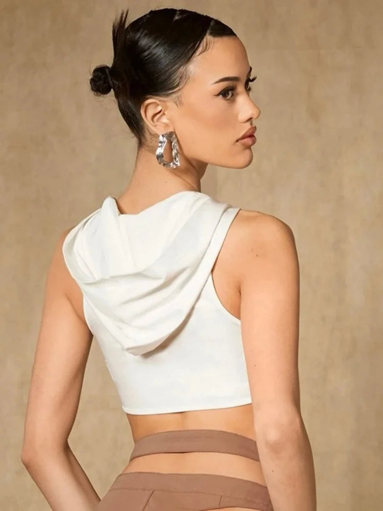 Hooded Tank Top Edgy Clothes Y2k Accessories Cut Out Sleeveless T-shirt White Corset Ropa Mujer Ring Decor