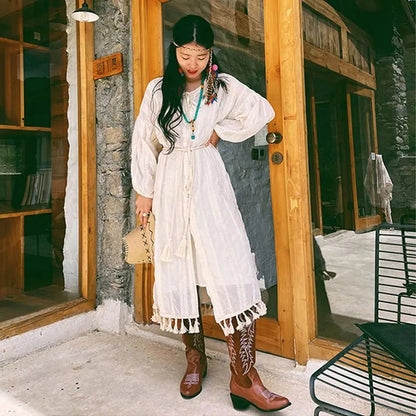 Summer Style Lantern Sleeves Tassel Lace Cardigan Apricot Sunscreen Cover Top Strap Camisole Long Dress Clothing