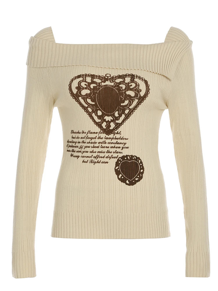 White Autumn Winter New Sweater Long Sleeve Y2k Retro Heart Print Top Off Shoulder Hotsweet Slim Pullovers