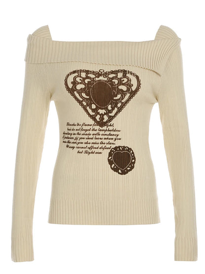 White Autumn Winter New Sweater Long Sleeve Y2k Retro Heart Print Top Off Shoulder Hotsweet Slim Pullovers