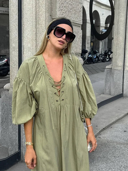 Street Lace Up Long Dresses New Loose V-neck Side Slit Dress Female Summer Versatiel Street Party Robes