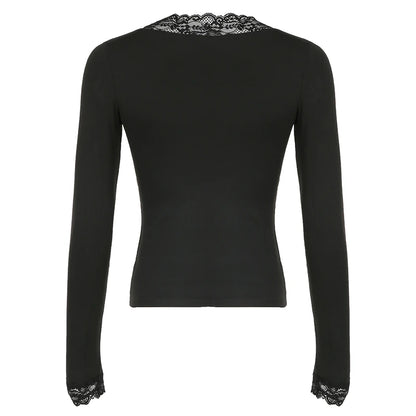 Black Lace Trim V-neck T-shirt Slim Basic Long Sleeve Top Tees All-match Autumn New