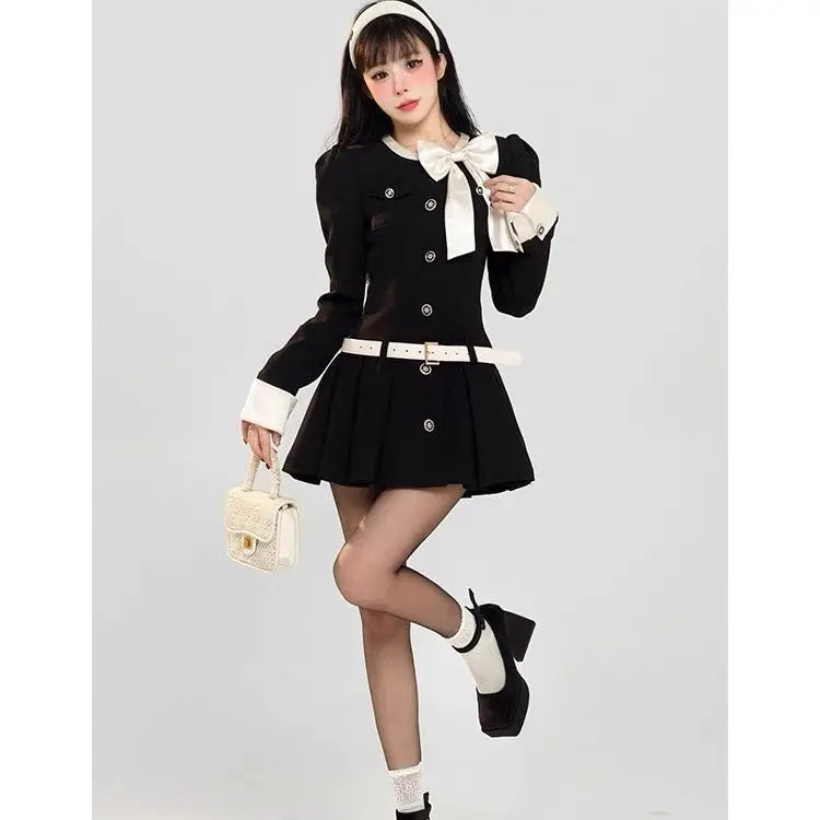 Sweet Bow Socialite Long Sleeve Black Dress for Autumn New Highend Waist Cinching Slimming Aline Pleated Mini Dress