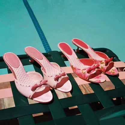 Peep Toe Bow Pink Mules Sweet Round Toe Low Heels Slipon Flower Heart Printed Slippers Summer Rubber Shoes