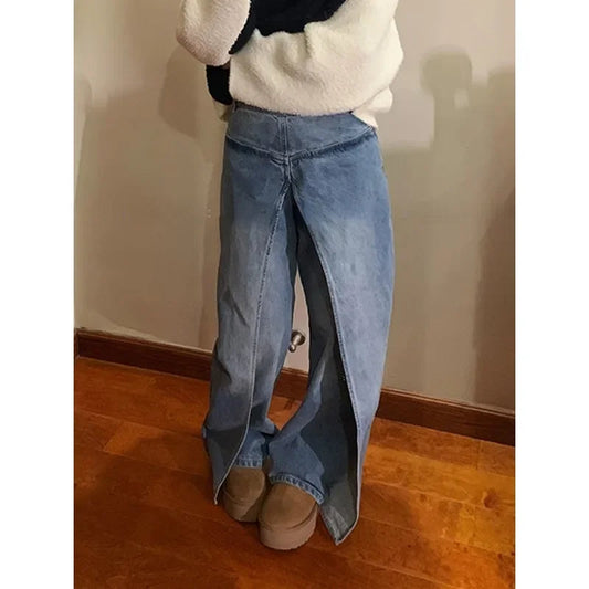 Korean Retro Washed Splicing All Match Jeans Spring New High Waist Loose Distressed Denim Wide Leg Pants