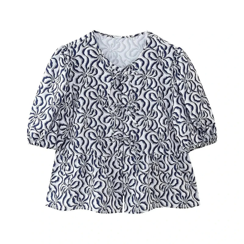 Summer Woman Bow Tied Lace Up Shirts Puff Short Sleeves Blouse Oneck Ruffle Color Tops