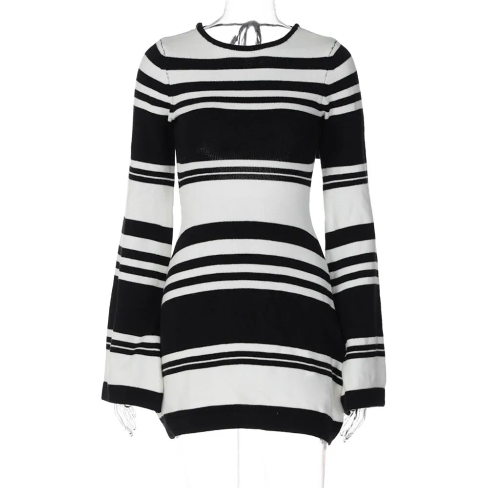 Knitted Backless Dress for Autumn Slim Color Block Mini Dresses Holiday Lace Up High Waist Dress Woman