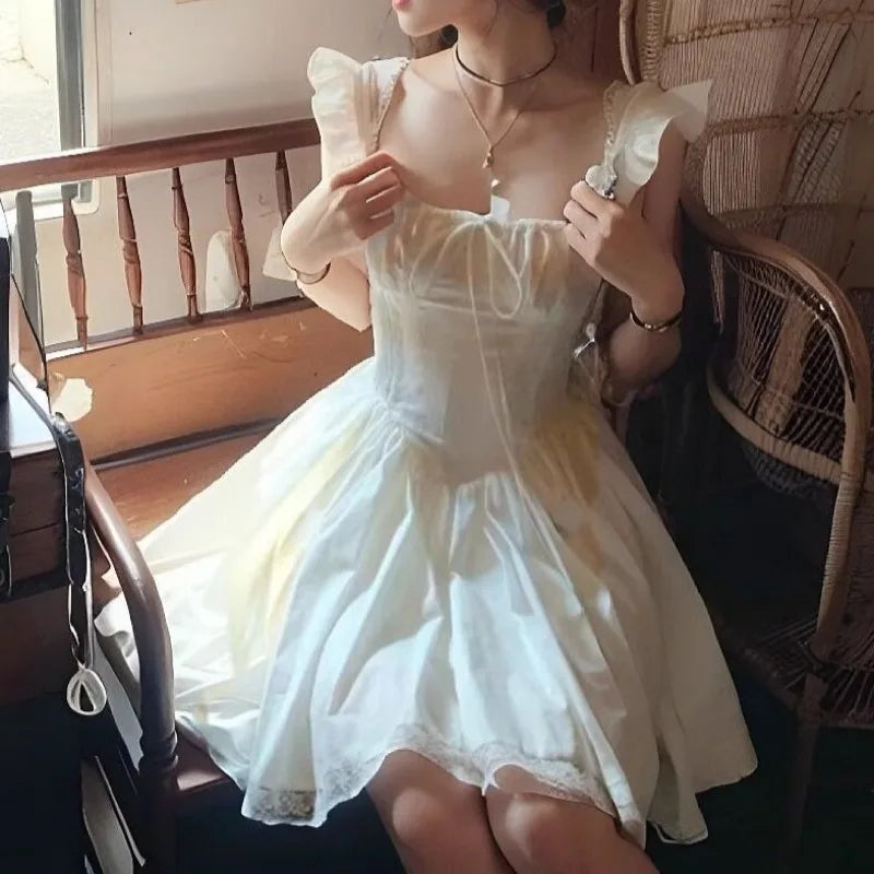 Blue Bandage Mini Dresses Flying Sleeve Spring Summer French Style Dress Ruffles Vestidos Mujer