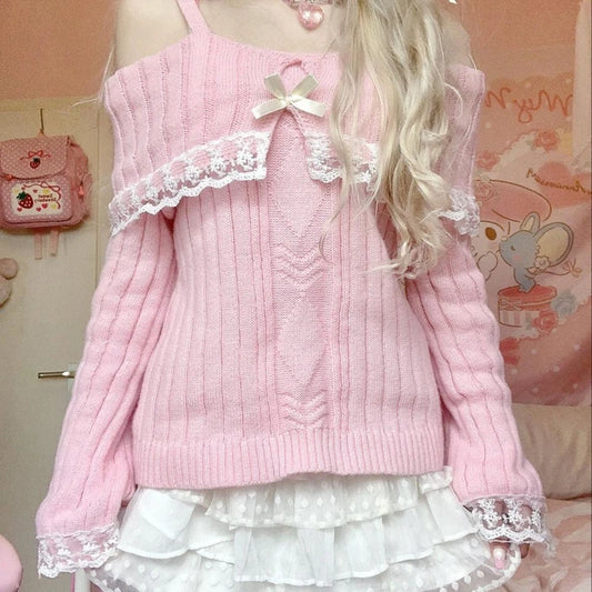 Outfits Harajuku Cosplay Sweater Kawaii Lace Trim Off Shoulder Pullovers Y2k Aesthetic Long Sleeve Jumpers