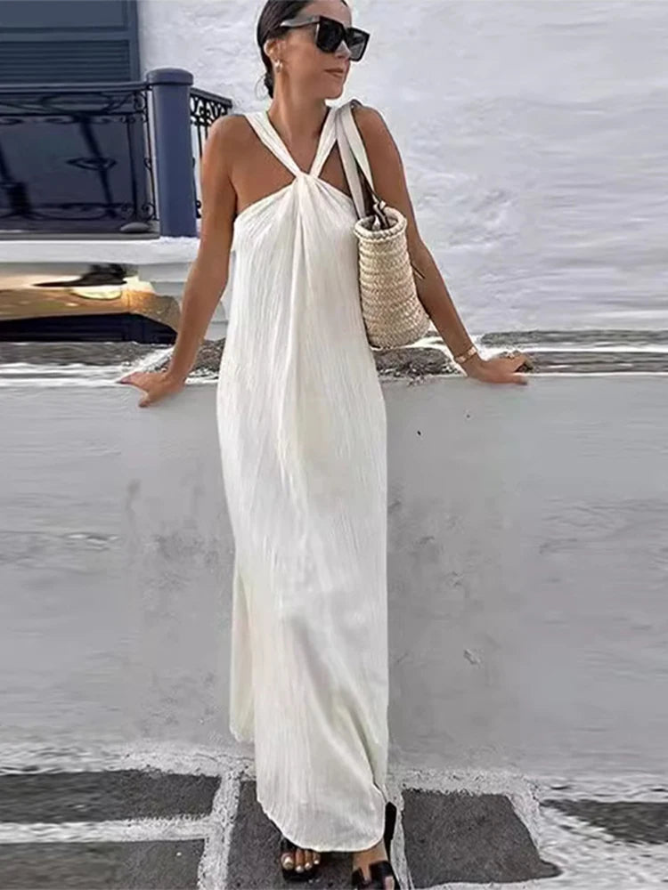 Halter Long Dress Sleeveless Backless Female Maxi Dress Spring Summer New Lady High Street Robe