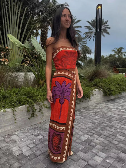 Summer Printed Tube Dress Strapless Slim Fit Midi Dresses Female Hem Slit Beach Dress