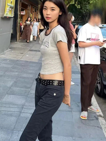 Black Flared Pants Summer Low Waist Pockets Ornamnet Color Pants Female Bottoms
