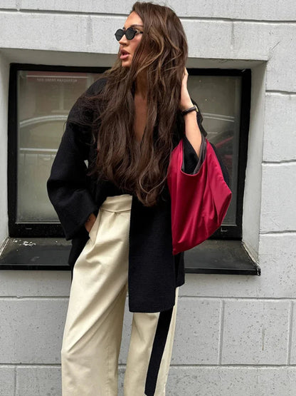 New Black Lace Up Overcoats Autumn Office Jackets Slim Fit Pleated Coat V-neck Commute for Lady Coats