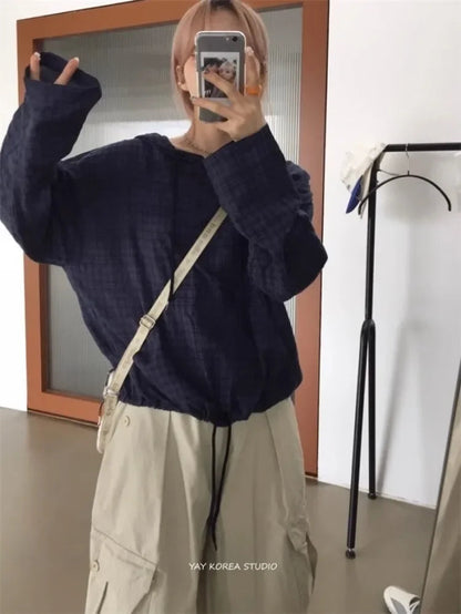 Korean Retro Plaid Drawstring Hoodie Button Tops Autumn New Loose Blouses Y2k Grunge Long Sleeve Blusas Mujer Shirt